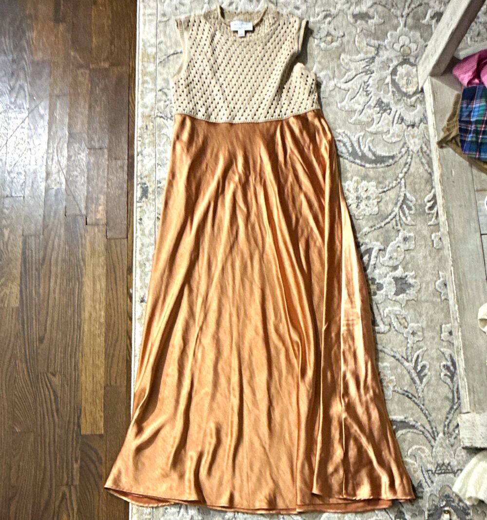 Anthropologie Beige Tan Solid Knit Crochet Maxi Dress Round Neck Stretch L
